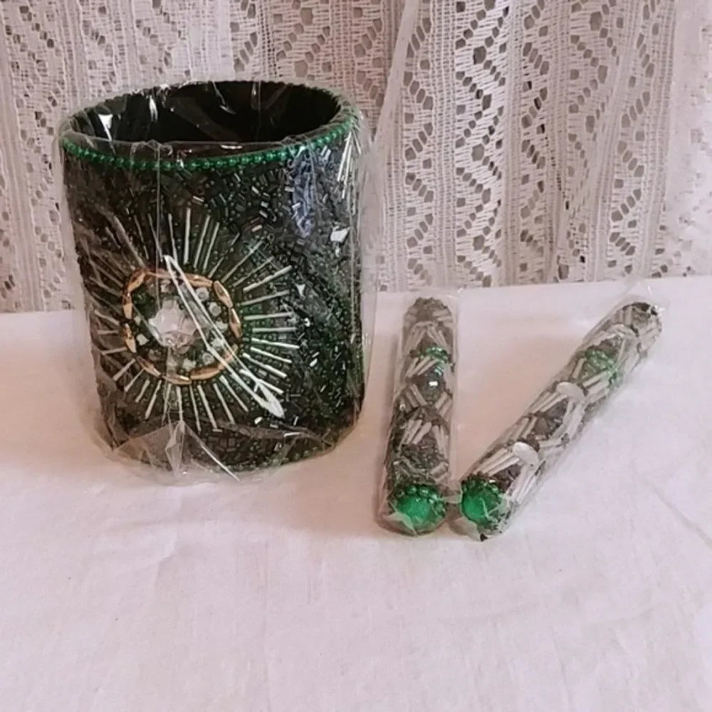 Beaded Pen Pot Set (3) Green Beaded Pens